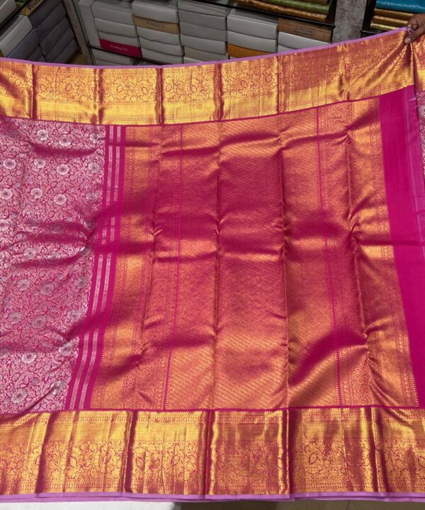 Pink Kanchipuram Silk Saree with Silver Zari Floral Motifs & Golden Border