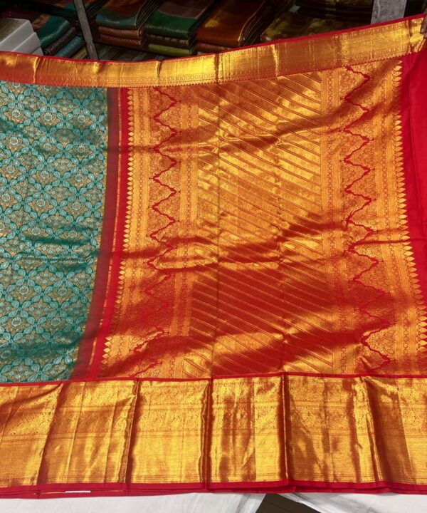 Bottle Green & Red Kanchipuram Silk Saree with Golden Zari Border and Rich Pallu