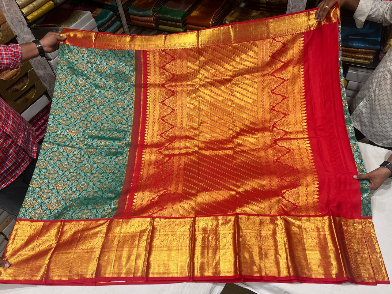 Bottle Green & Red Kanchipuram Silk Saree with Golden Zari Border and Rich Pallu