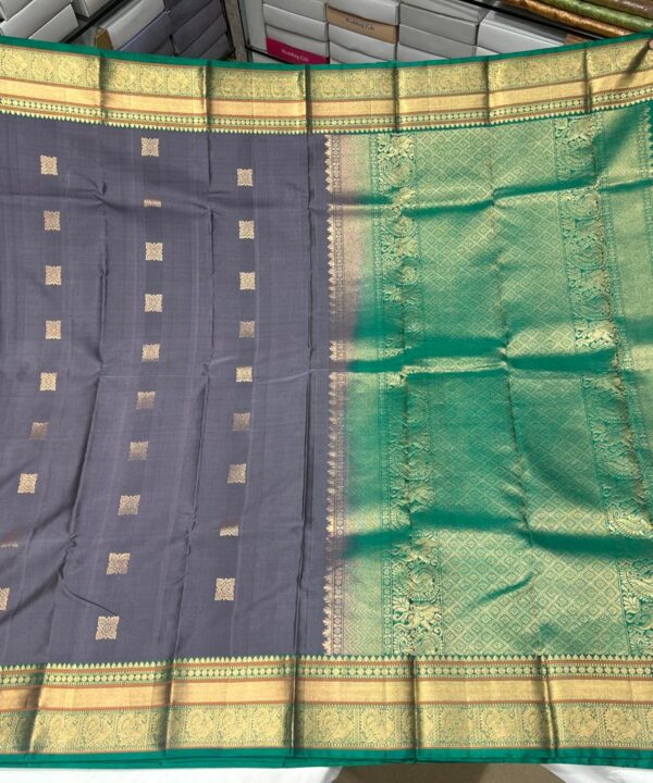 Grey & Green Kanchipuram Silk Saree with Golden Zari Border and Rich Pallu