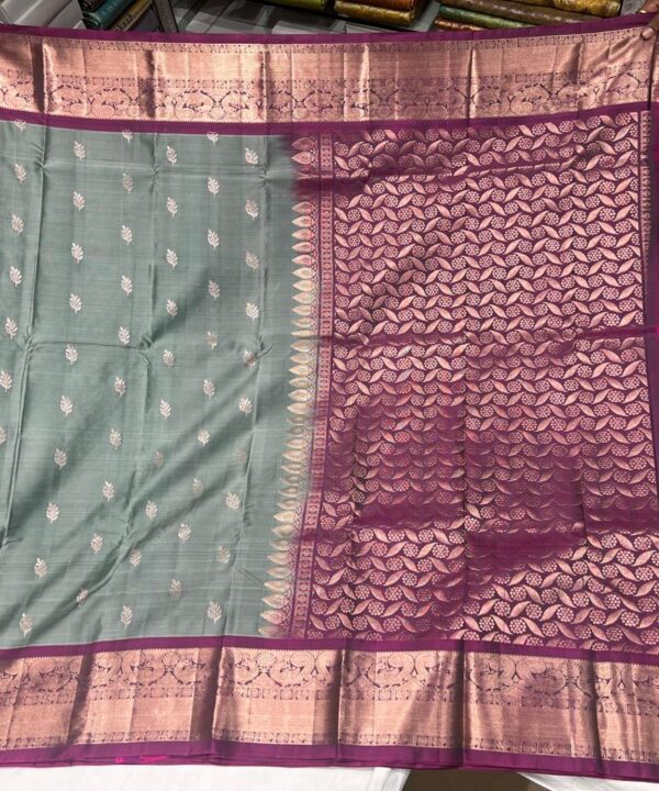 Pastel Grey & Magenta Kanchipuram Silk Saree with Zari Border and Rich Pallu