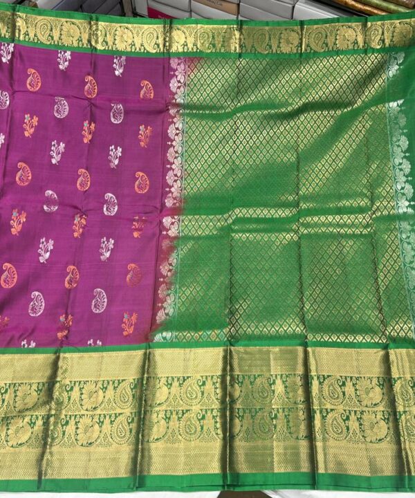 Purple & Green Kanchipuram Silk Saree with Golden Zari Border and Contrast Pallu