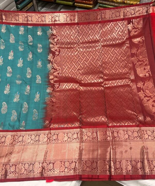 Teal Blue & Red Kanchipuram Silk Saree with Rich Zari Border and Grand Pallu
