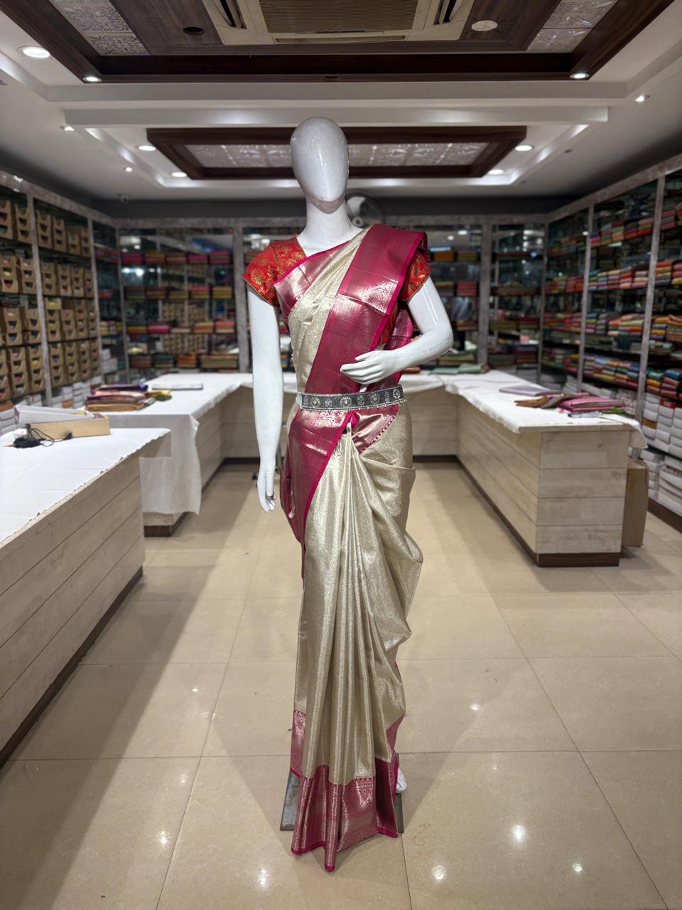 Elegant Cream & Pink Kanjivaram Silk Saree with Zari Border