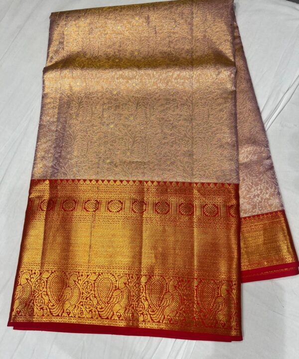 Baby Pink Tissue Kanjivaram Saree with Heavy Zari Pallu and Red Contrast Border