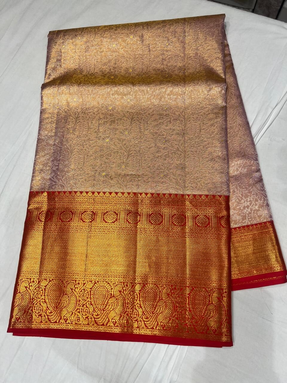 Baby Pink Tissue Kanjivaram Saree with Heavy Zari Pallu and Red Contrast Border