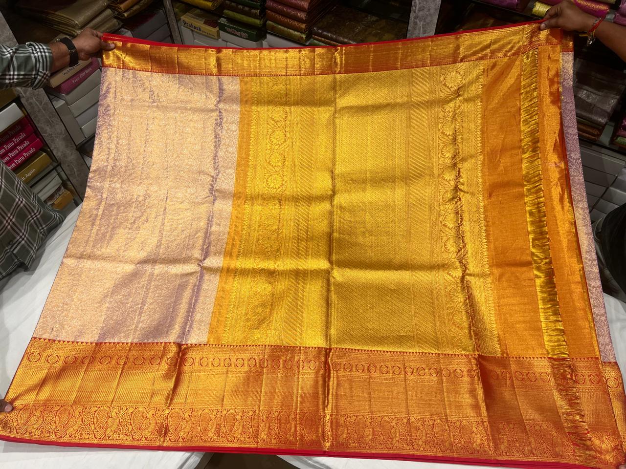 Baby Pink Tissue Kanjivaram Saree with Heavy Zari Pallu and Red Contrast Border - Image 3