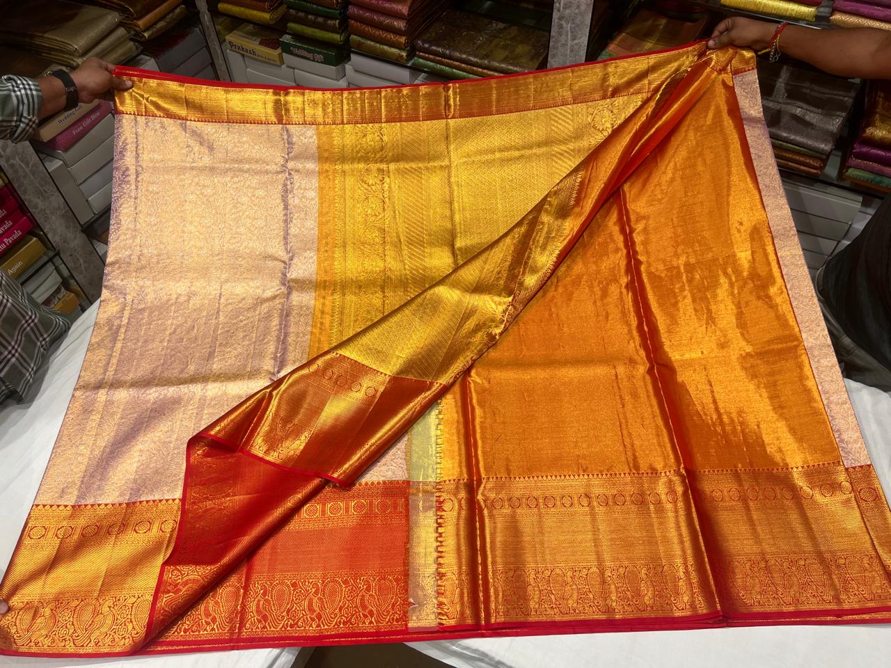 Baby Pink Tissue Kanjivaram Saree with Heavy Zari Pallu and Red Contrast Border - Image 4