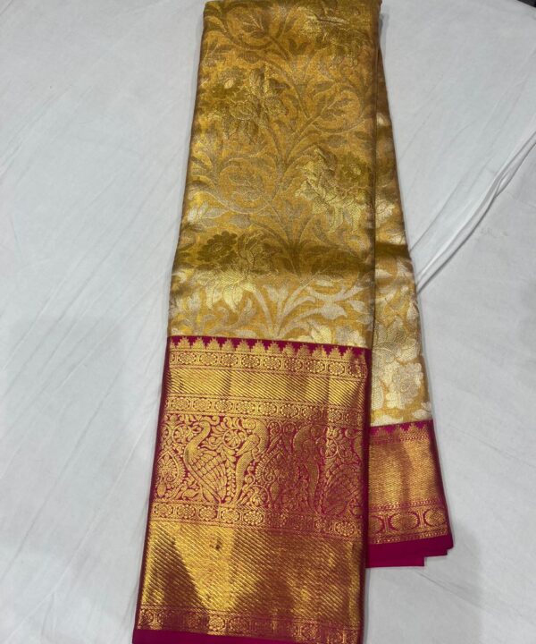 Luxurious Gold Brocade Kanjivaram Saree with Contrast Rani Pink Border and Pallu