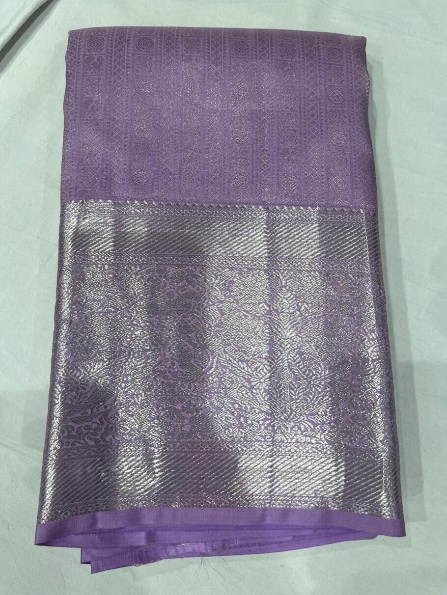 Shimmering Lavender Pure Silk Saree with All-Over Silver Zari Brocade and Pattu Border - Image 2