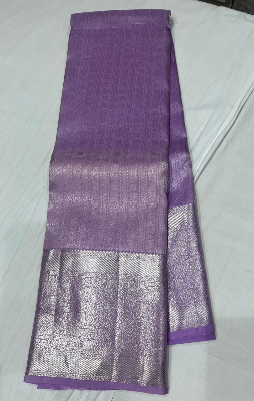 Shimmering Lavender Pure Silk Saree with All-Over Silver Zari Brocade and Pattu Border