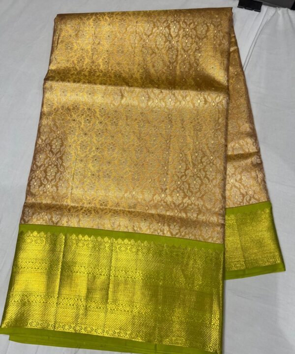 Traditional Kanjivaram Style Light Gold and Neon Green Silk Saree