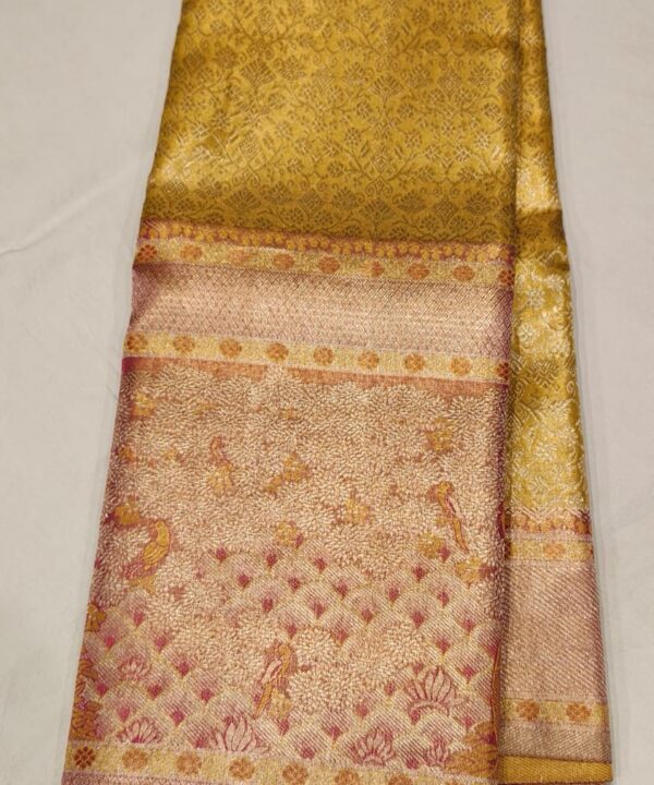 Golden Mustard Kanchee Silk Saree with Pink Zari Peacock and Floral Weaving