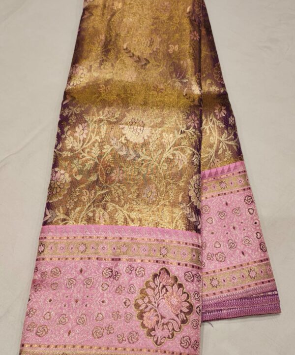 Elegant Peach and Pink Kanchee Silk Saree with Antique Floral Zari Weaving