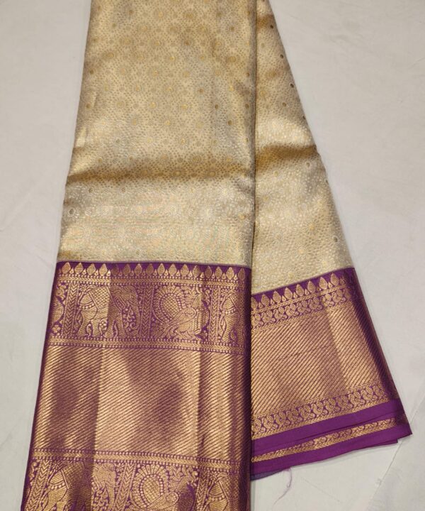 Elegant Cream and Lavender Kanchipuram Silk Saree with Rich Zari Border and Floral Pallu