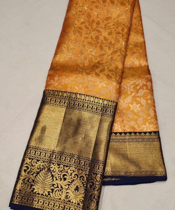 Golden Orange Kanchipuram Silk Saree with Navy Blue Zari Border and Floral Weaving