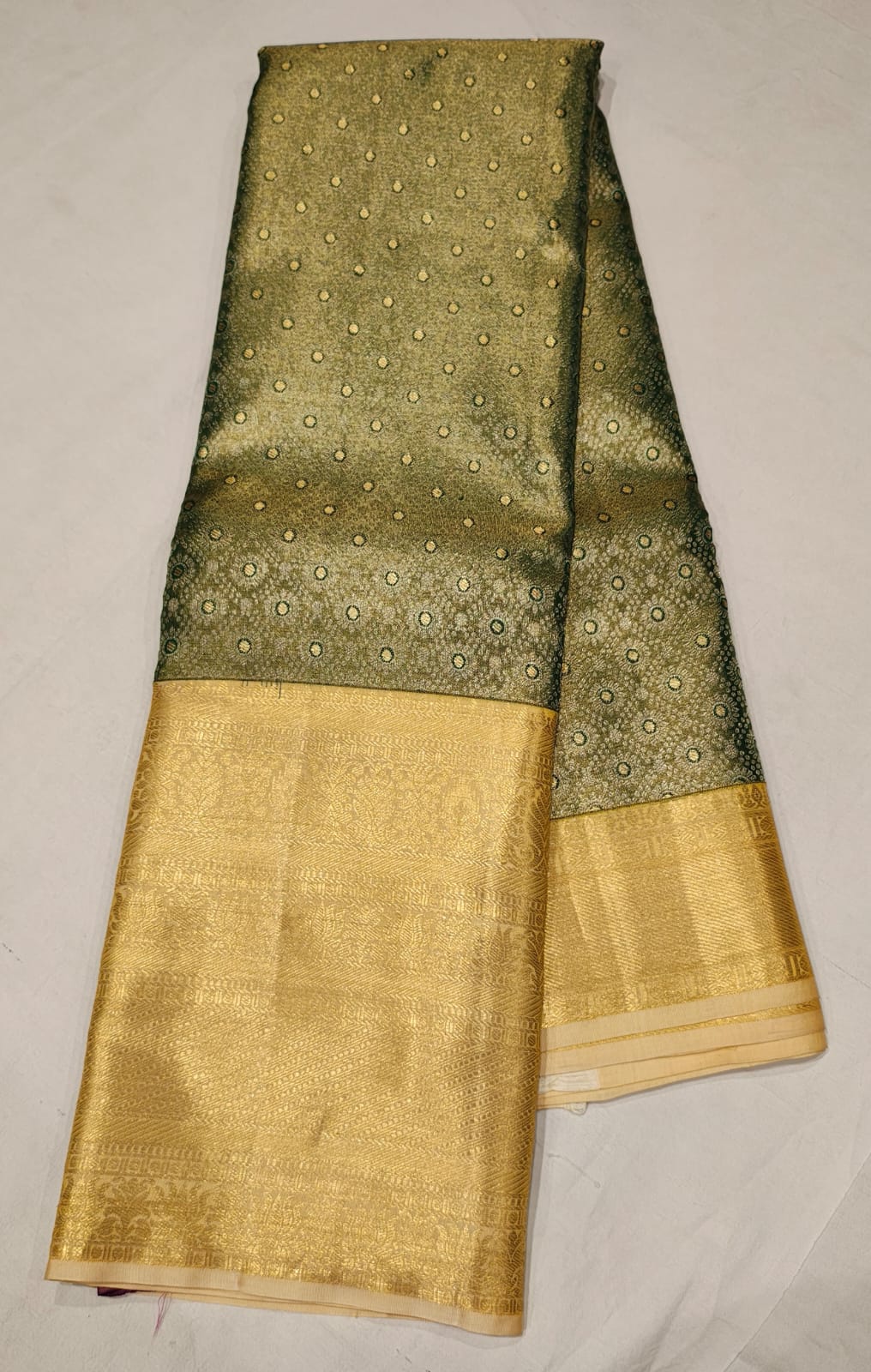 Olive Green Kanchipuram Silk Saree with Rich Gold Zari Border and Butta Design