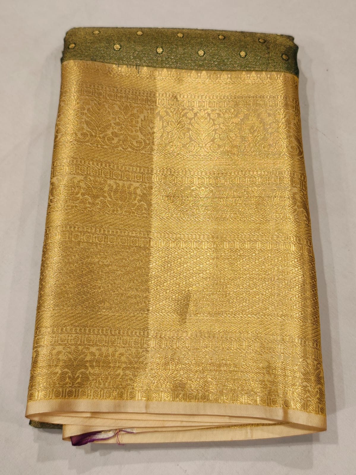 Olive Green Kanchipuram Silk Saree with Rich Gold Zari Border and Butta Design - Image 2