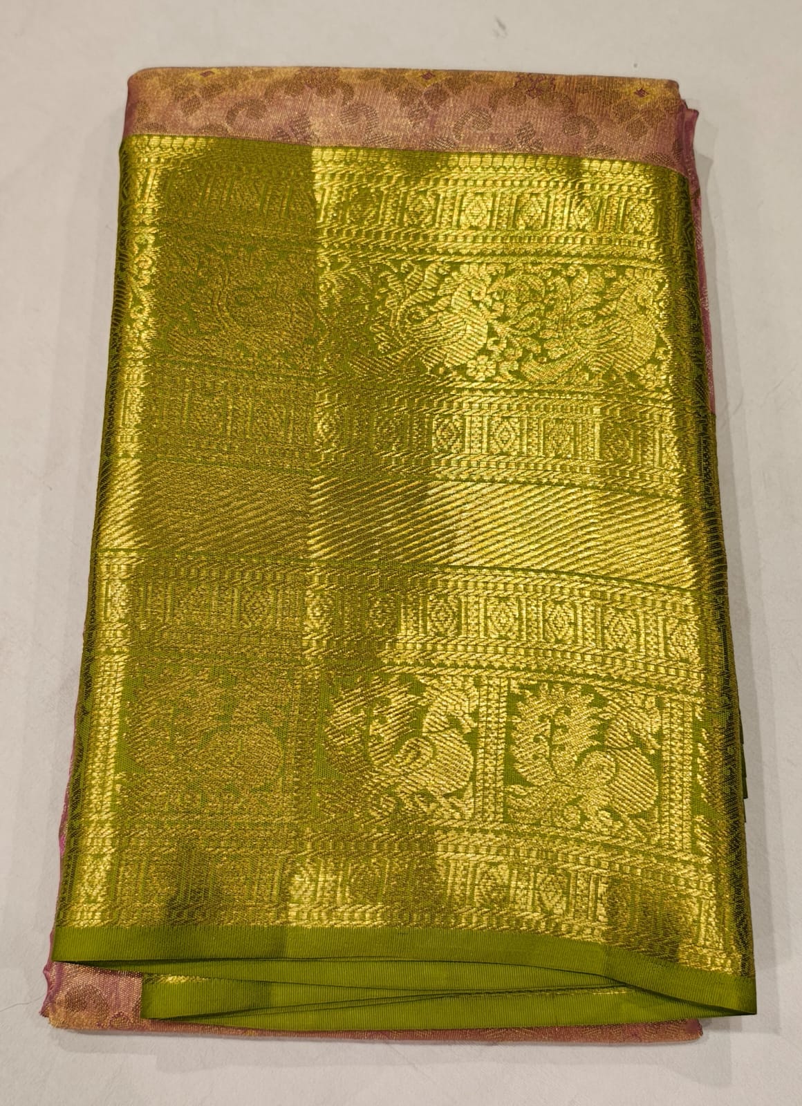 Lime Green and Pink Kanchipuram Silk Saree with Rich Gold Zari Weaving - Image 2