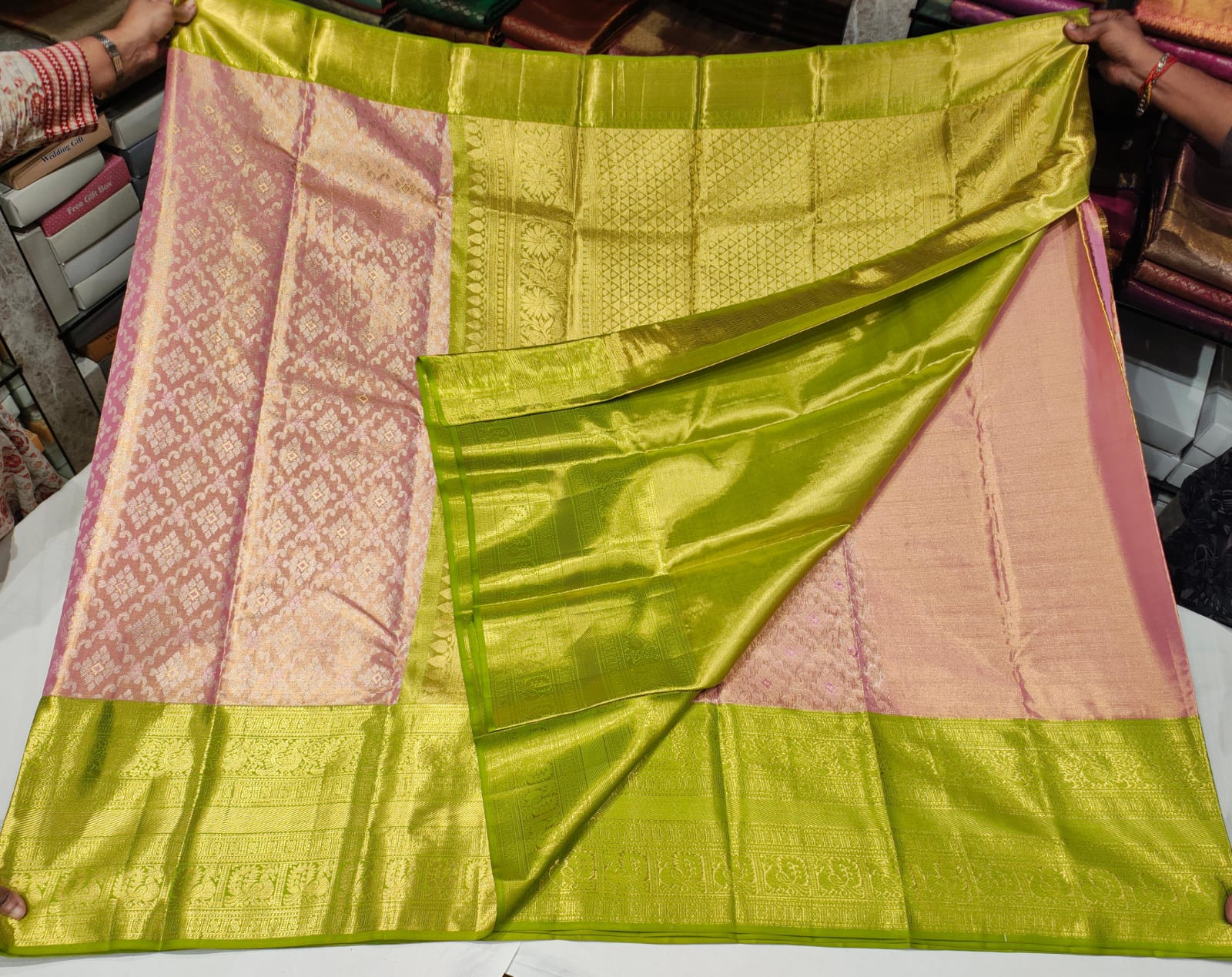 Lime Green and Pink Kanchipuram Silk Saree with Rich Gold Zari Weaving - Image 5