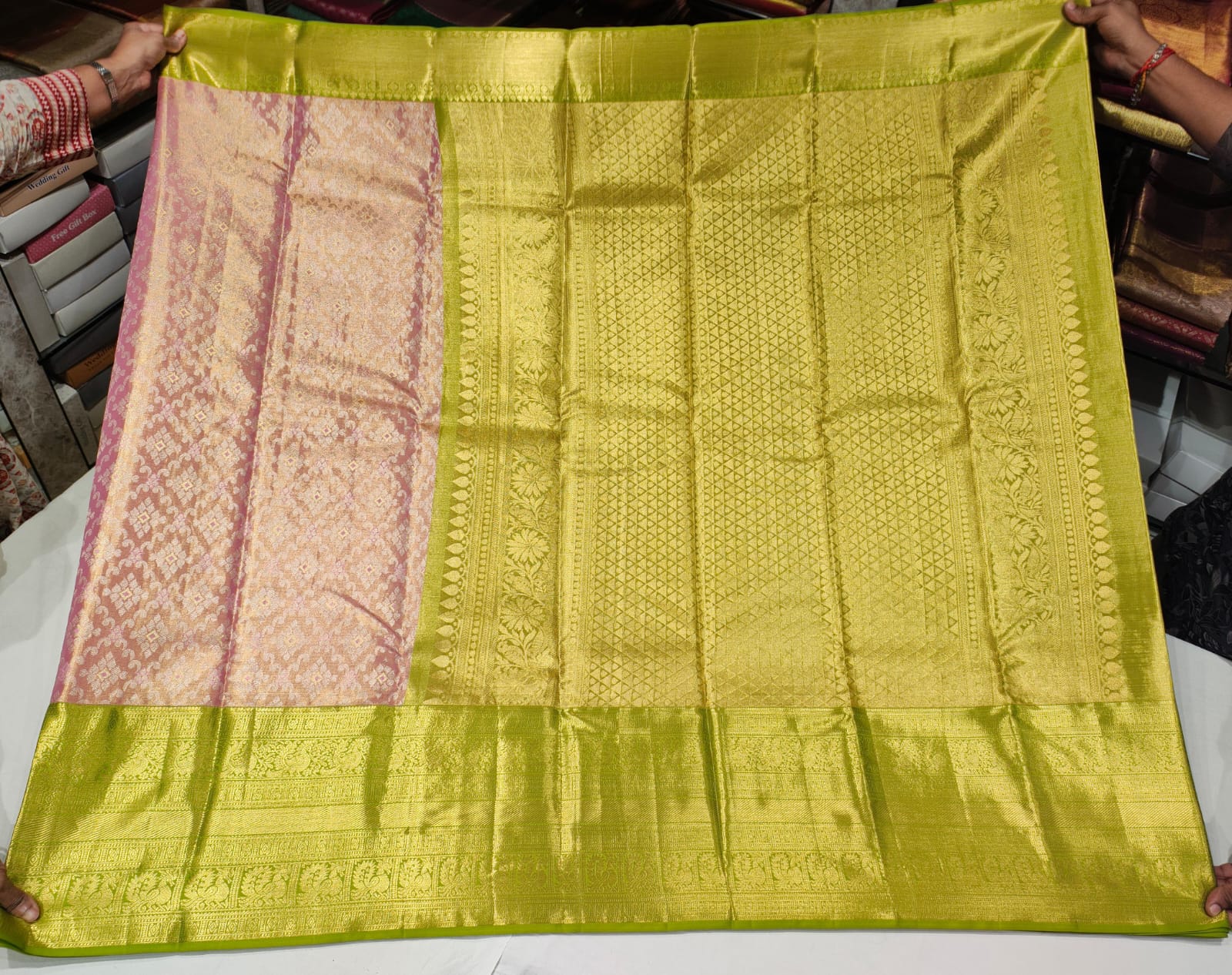 Lime Green and Pink Kanchipuram Silk Saree with Rich Gold Zari Weaving - Image 4