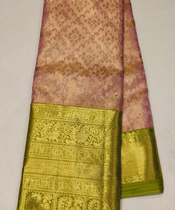 Lime Green and Pink Kanchipuram Silk Saree with Rich Gold Zari Weaving