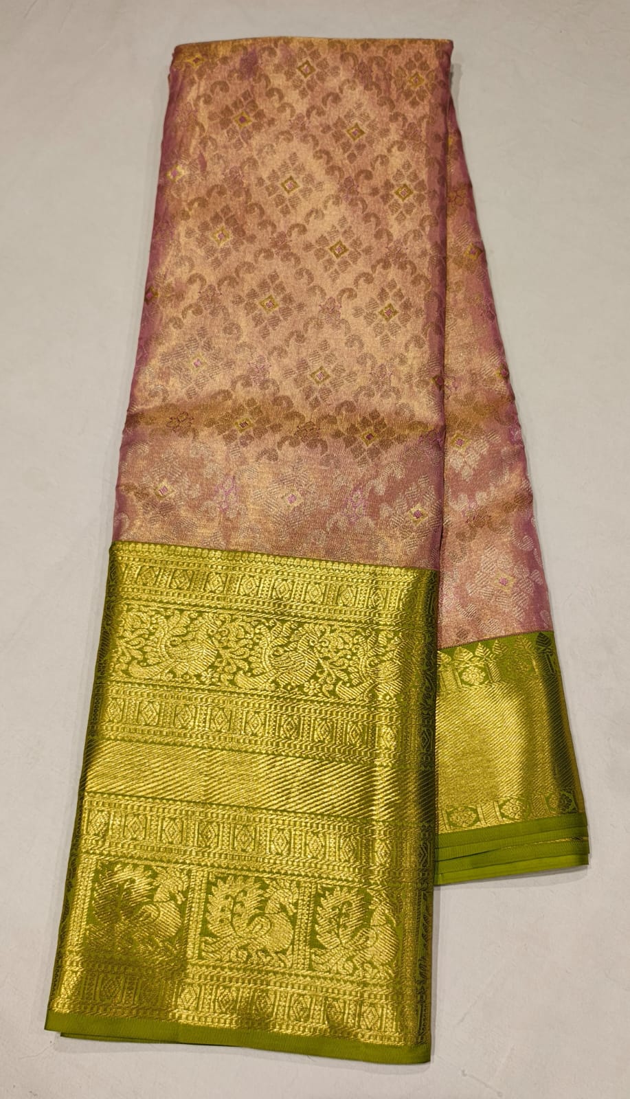 Lime Green and Pink Kanchipuram Silk Saree with Rich Gold Zari Weaving