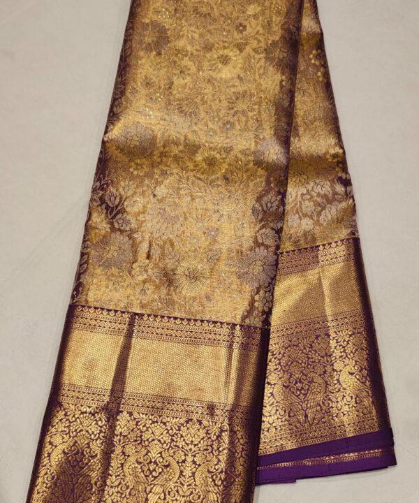 Elegant Golden Kanchipuram Silk Saree with Purple Zari Border and Floral Weaving