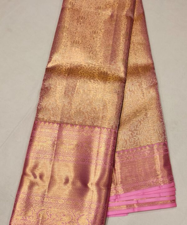 Graceful Peach Pink Kanchee Silk Saree with Golden Zari Weaving and Floral Design