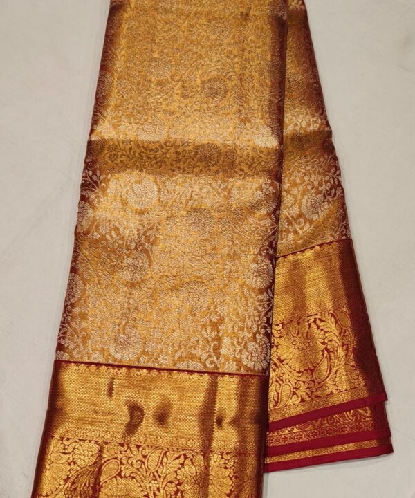 Royal Mustard Gold Kanchee Silk Saree with Maroon Zari Border and Floral Weaving.
