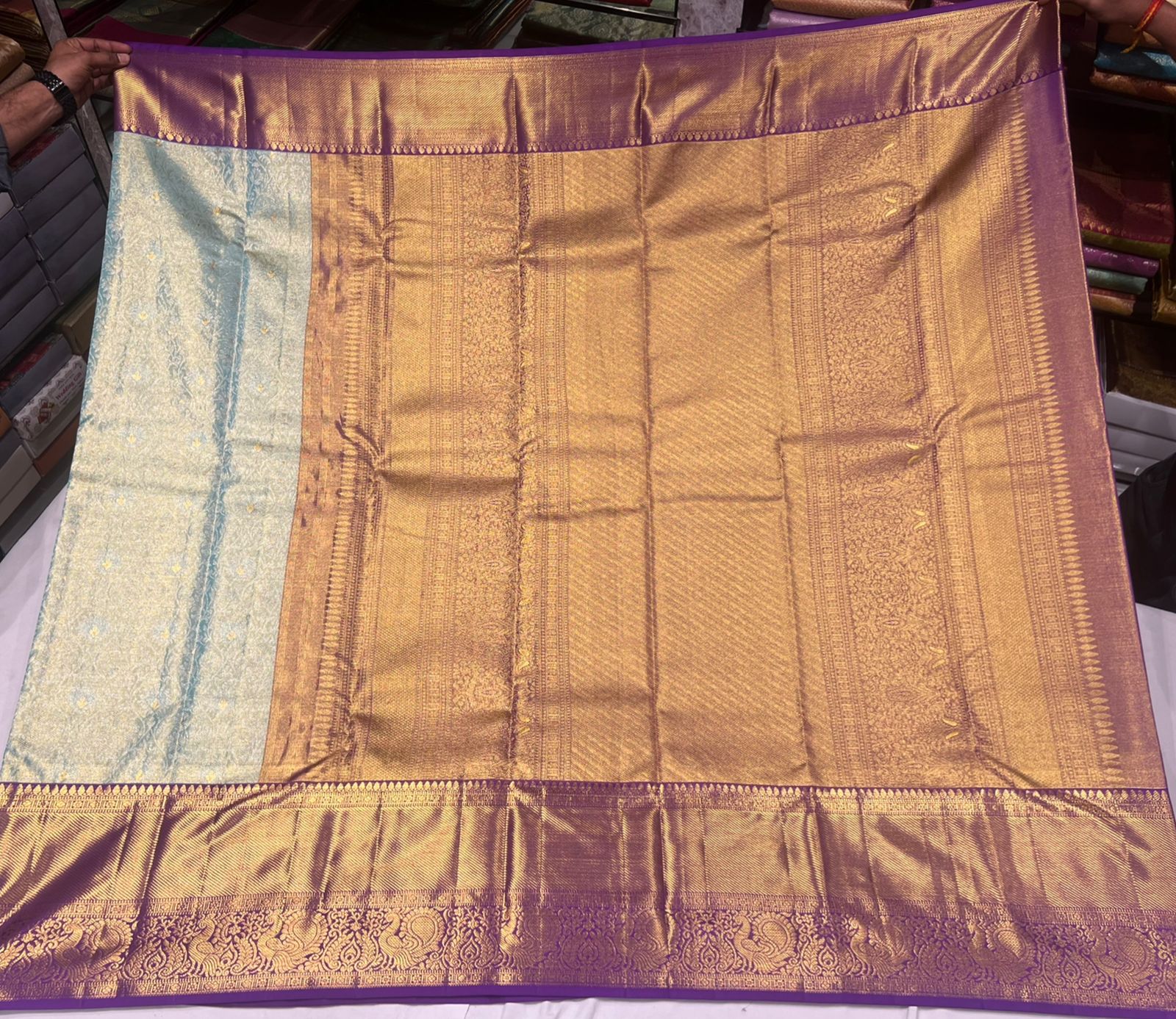 Elegant Pastel Blue Kanchipuram Silk Saree with Rich Purple Zari Border & Golden Motifs - Image 4