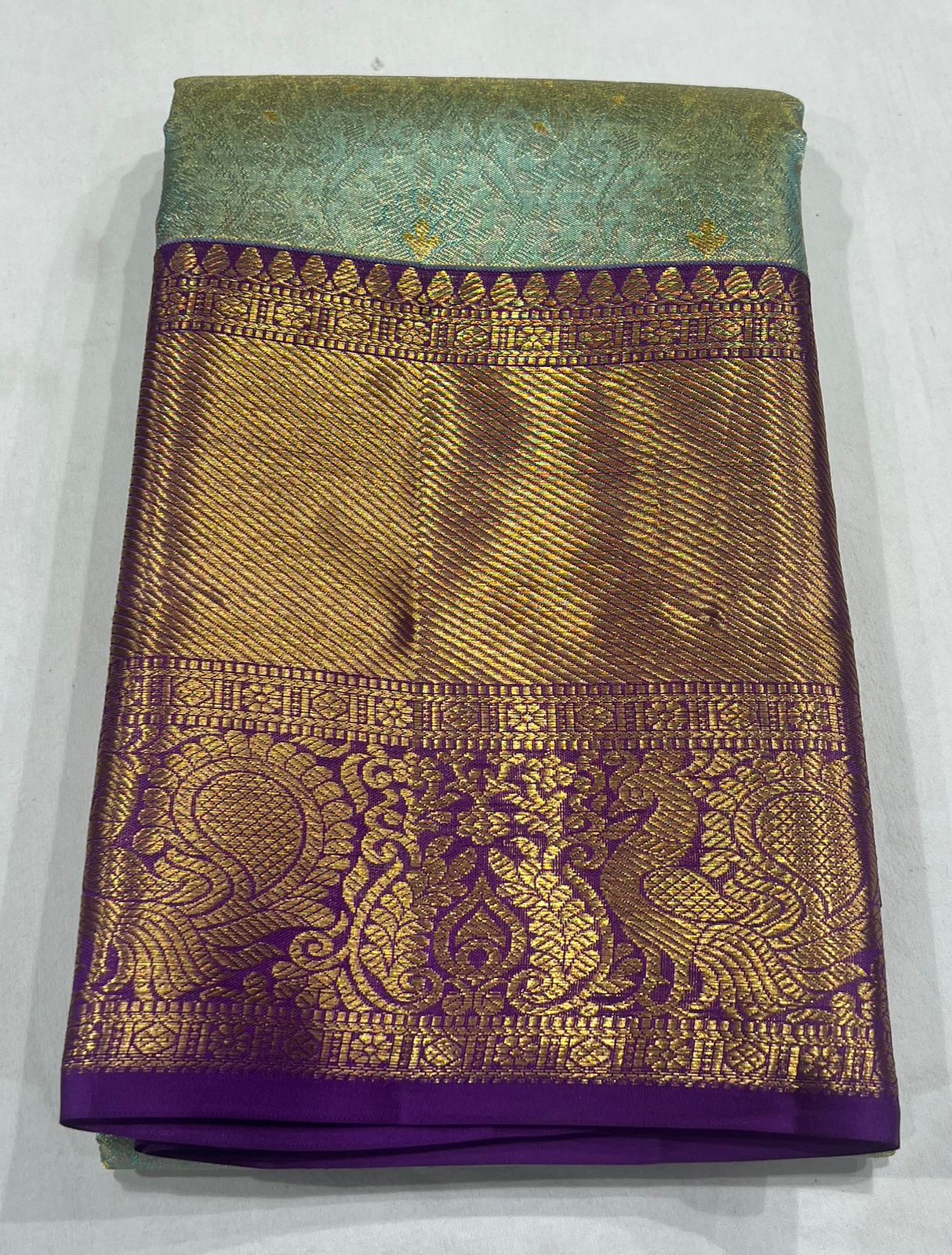 Elegant Pastel Blue Kanchipuram Silk Saree with Rich Purple Zari Border & Golden Motifs - Image 2