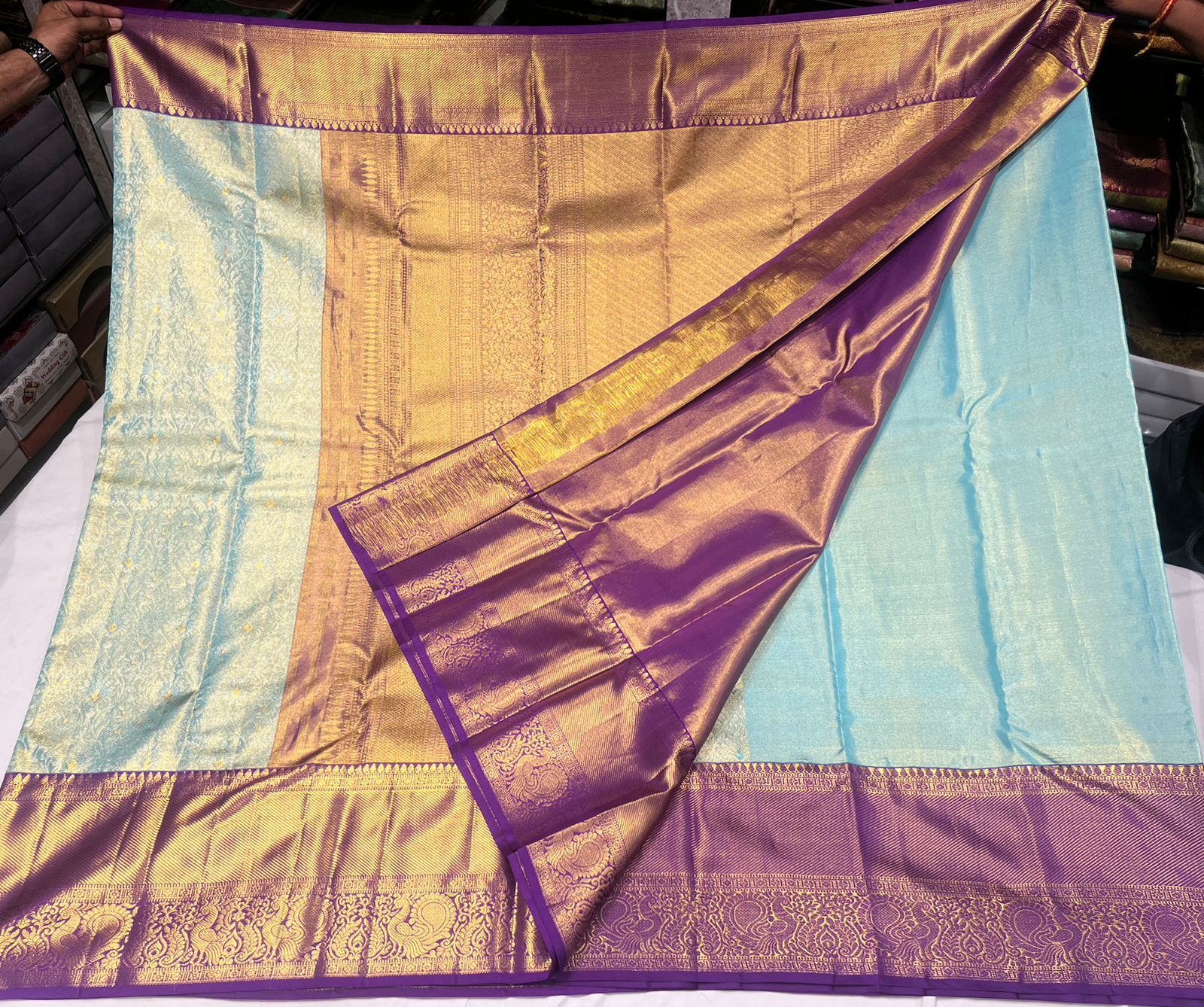 Elegant Pastel Blue Kanchipuram Silk Saree with Rich Purple Zari Border & Golden Motifs - Image 5