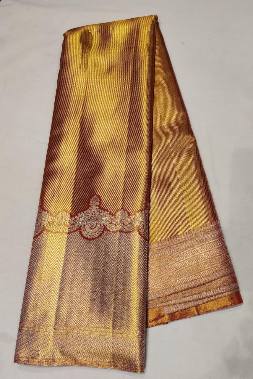 Gold Tissue Saree, Kanjivaram Silk, Pure Pattu, All-Over Brocade, Heavy Zari, Golden Saree.