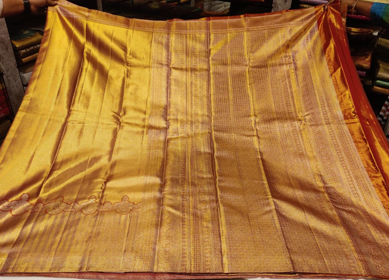 Gold Tissue Saree, Kanjivaram Silk, Pure Pattu, All-Over Brocade, Heavy Zari, Golden Saree. - Image 4