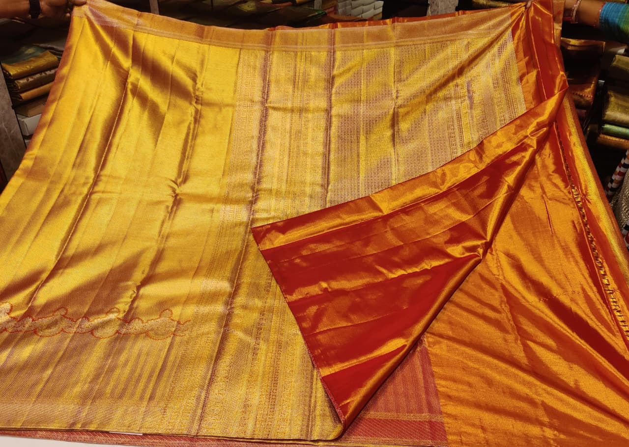 Gold Tissue Saree, Kanjivaram Silk, Pure Pattu, All-Over Brocade, Heavy Zari, Golden Saree. - Image 5