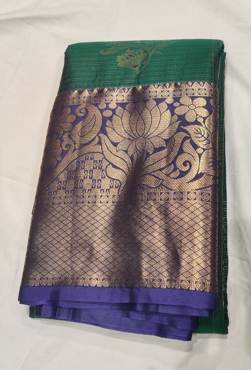 Bottle Green And Navy Blue Silk Saree with Golden Zari Floral Weaving and Contrast Border - Image 2