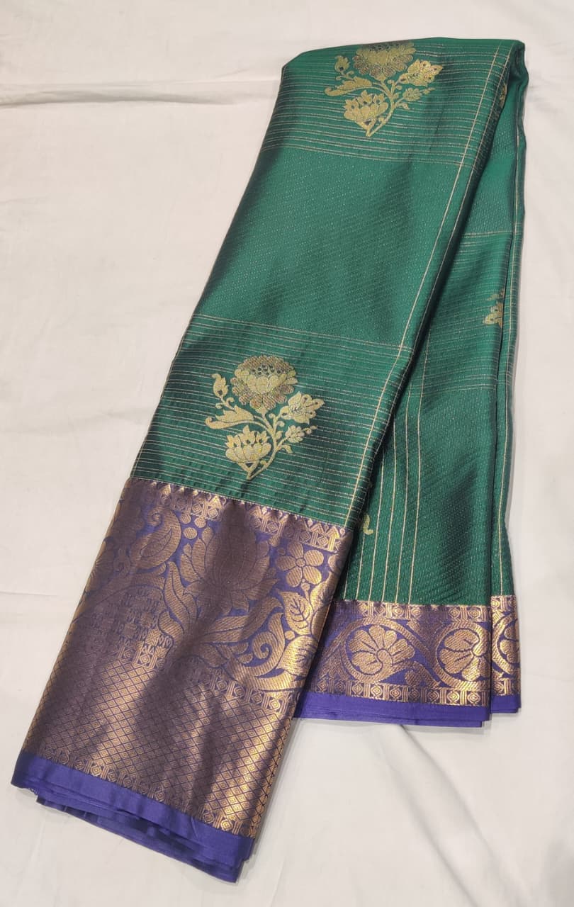 Bottle Green And Navy Blue Silk Saree with Golden Zari Floral Weaving and Contrast Border