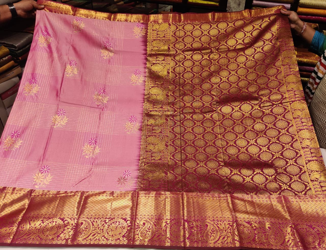 Baby Pink and dark pink Silk Saree with Golden Zari Floral Weaving and Rich Pallu - Image 4