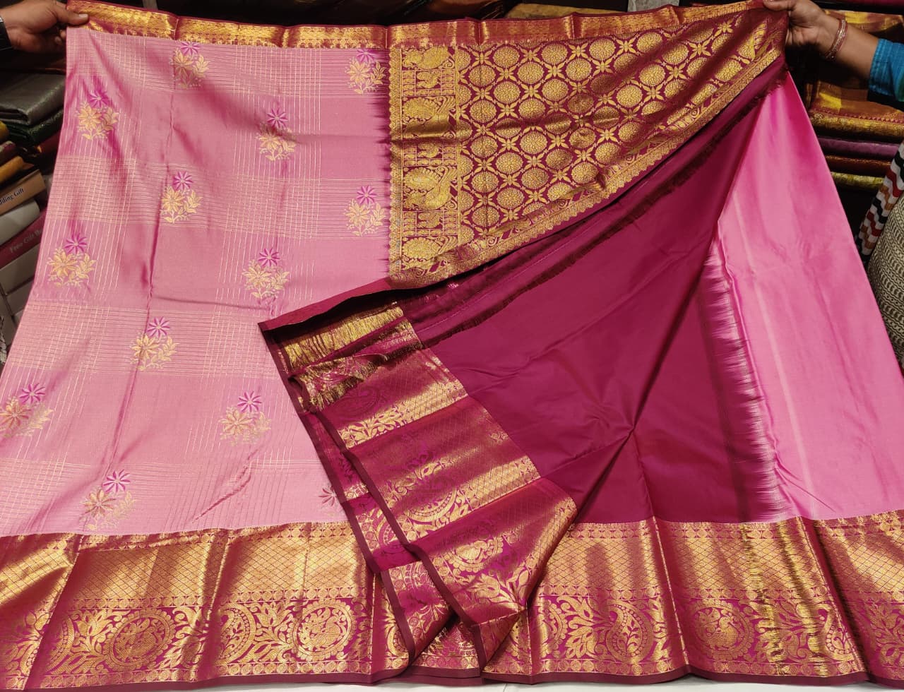 Baby Pink and dark pink Silk Saree with Golden Zari Floral Weaving and Rich Pallu - Image 5
