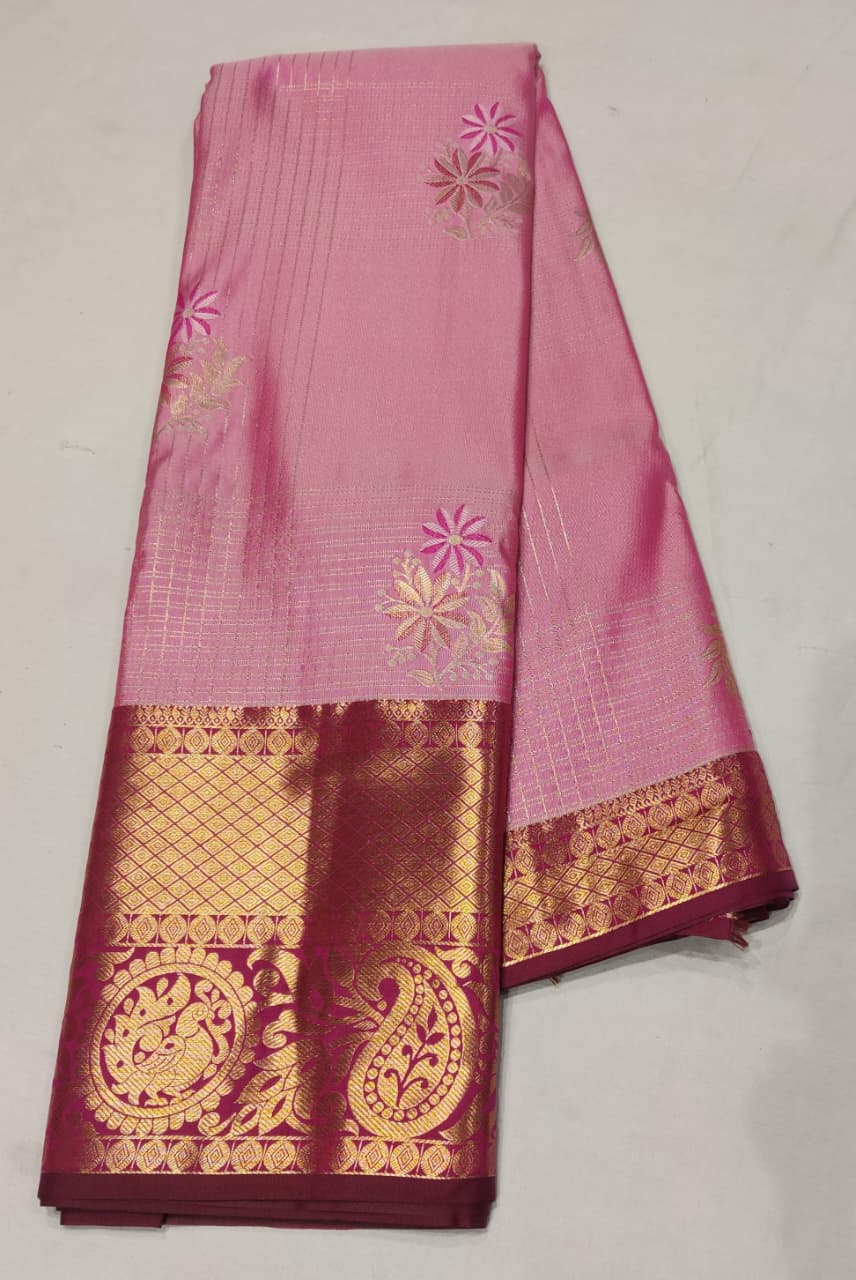 Baby Pink and dark pink Silk Saree with Golden Zari Floral Weaving and Rich Pallu