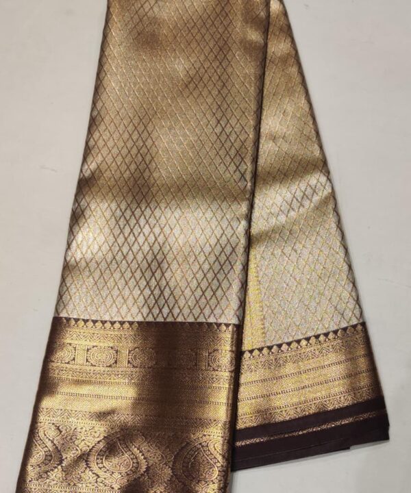 Golden Beige Kanchee Silk Saree with Brown Zari Border and Diamond Weave Design