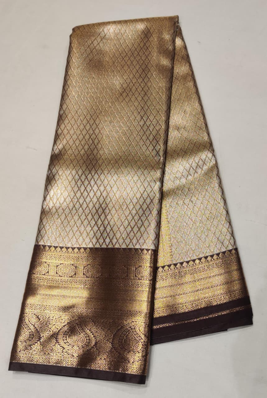 Golden Beige Kanchee Silk Saree with Brown Zari Border and Diamond Weave Design
