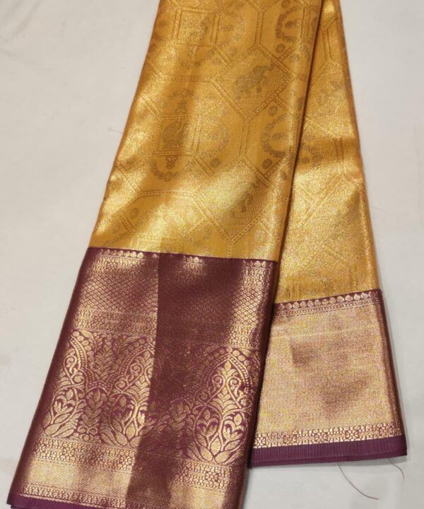 Mustard Yellow Kanjivaram Silk Saree with Maroon Zari Border & Elephant Motif Weave