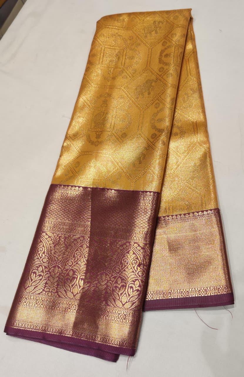 Mustard Yellow Kanjivaram Silk Saree with Maroon Zari Border & Elephant Motif Weave