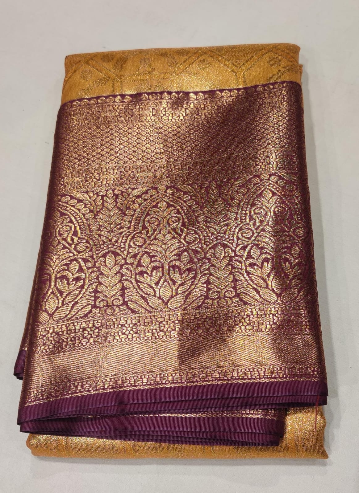 Mustard Yellow Kanjivaram Silk Saree with Maroon Zari Border & Elephant Motif Weave - Image 2