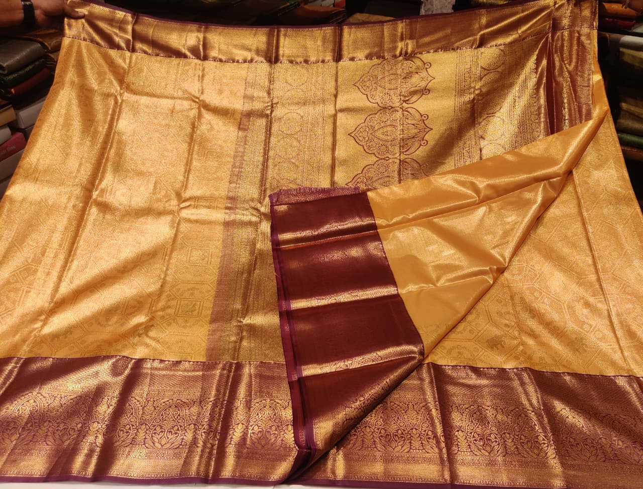 Mustard Yellow Kanjivaram Silk Saree with Maroon Zari Border & Elephant Motif Weave - Image 5