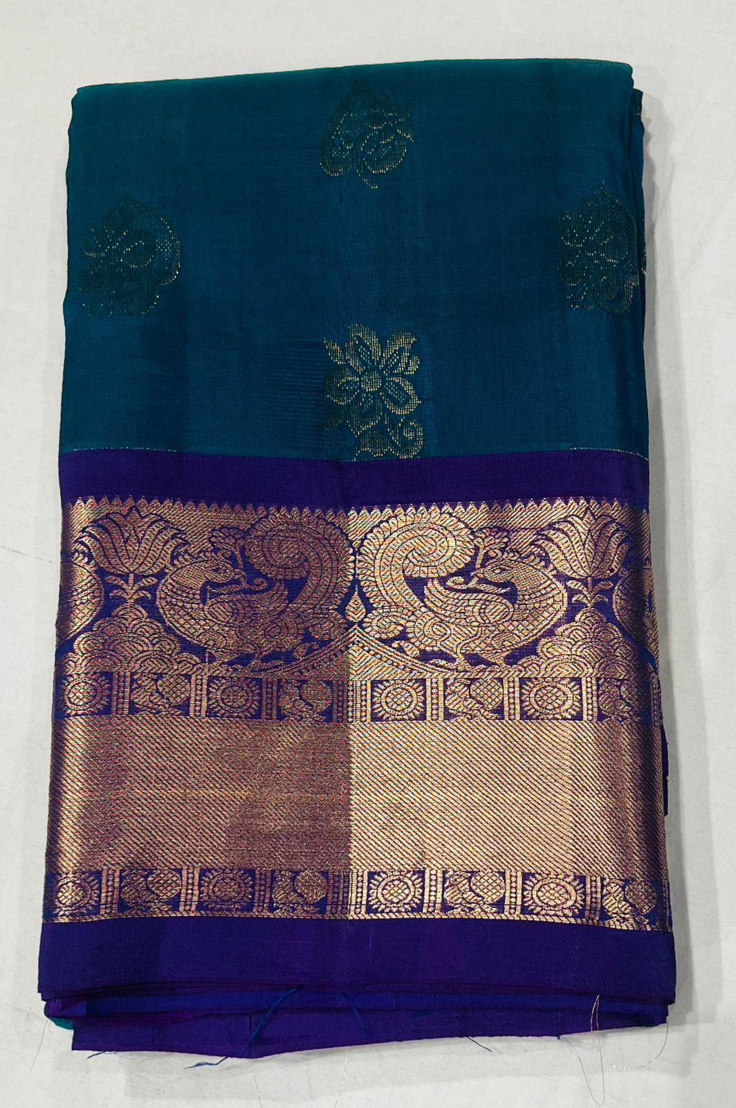 Teal Green and Purple Kanjivaram Silk Saree with Golden Zari Weaving and Rich Pallu