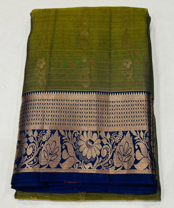 Olive Green and Royal Blue Kanjivaram Silk Saree with Golden Zari Weaving and Rich Pallu