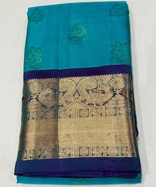 Sky Blue and Violet Kanjivaram Silk Saree with Rich Golden Zari Weaving and Traditional Pallu